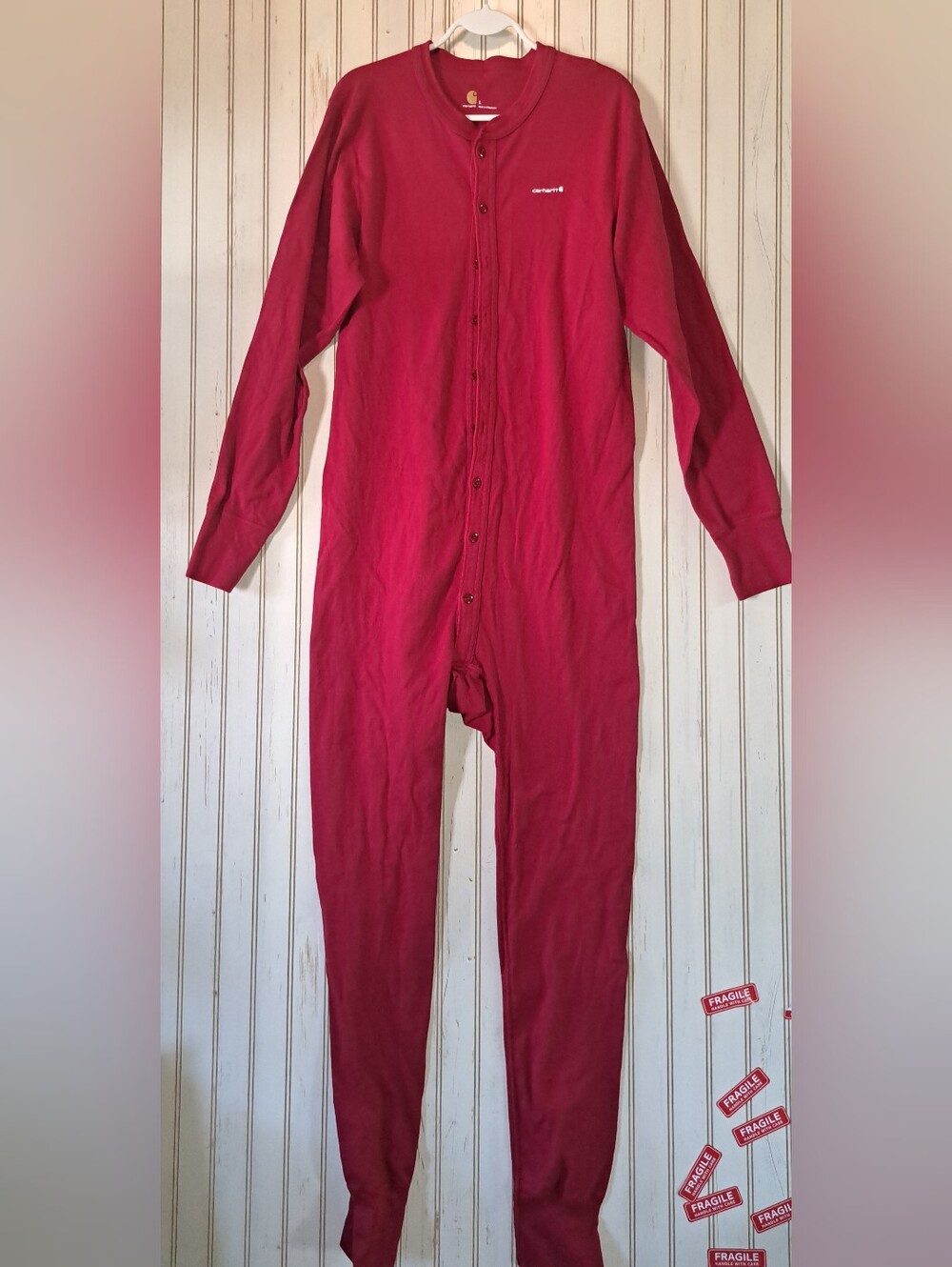 Mens Carhartt Pajamas Red Union Jack Suit One PieceLarge PJs Base Layer Winter